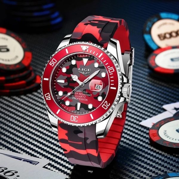 ⁦2022 LIGE New Fashion Men Watches Top Brand Luxury Camouflage Quartz Wrist Watch Sport Red Silicone Watch for Men Reloj Hombre⁩ - الصورة ⁦2⁩