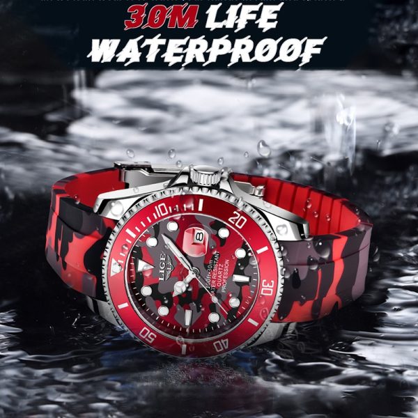 ⁦2022 LIGE New Fashion Men Watches Top Brand Luxury Camouflage Quartz Wrist Watch Sport Red Silicone Watch for Men Reloj Hombre⁩ - الصورة ⁦3⁩