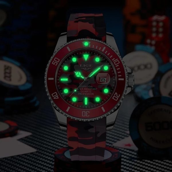 ⁦2022 LIGE New Fashion Men Watches Top Brand Luxury Camouflage Quartz Wrist Watch Sport Red Silicone Watch for Men Reloj Hombre⁩ - الصورة ⁦4⁩