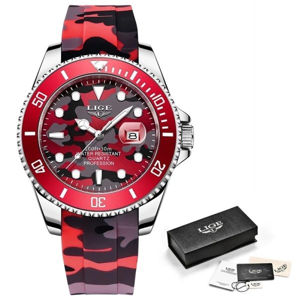 ⁦2022 LIGE New Fashion Men Watches Top Brand Luxury Camouflage Quartz Wrist Watch Sport Red Silicone Watch for Men Reloj Hombre⁩ - الصورة ⁦6⁩