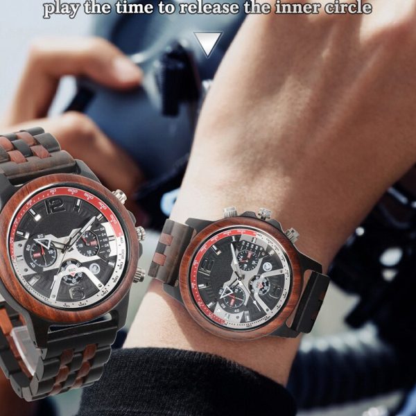 ⁦2022 New Business Men Wristwatches Quartz Wooden Multifunctional Sandalwood Strap Watches for Men GMT, Luminous, Calendar, Stop⁩ - الصورة ⁦2⁩