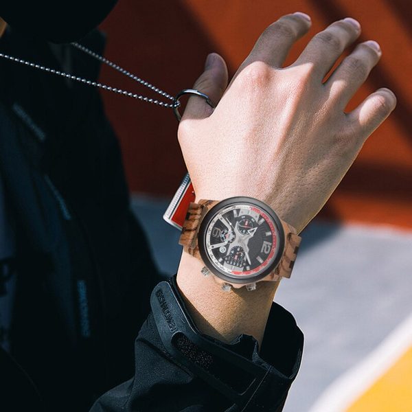 ⁦2022 New Business Men Wristwatches Quartz Wooden Multifunctional Sandalwood Strap Watches for Men GMT, Luminous, Calendar, Stop⁩ - الصورة ⁦4⁩