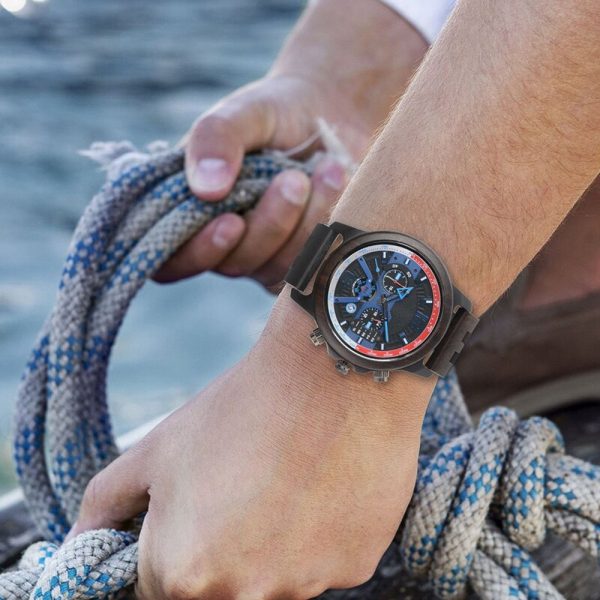 ⁦2022 New Business Men Wristwatches Quartz Wooden Multifunctional Sandalwood Strap Watches for Men GMT, Luminous, Calendar, Stop⁩ - الصورة ⁦5⁩