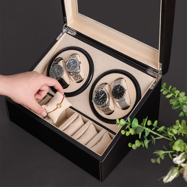 ⁦4 6 PU Automatic Watch Winder Storage Box Winder Motor Shake Jewelry Collection Holder Display Double Head Silent⁩ - الصورة ⁦3⁩