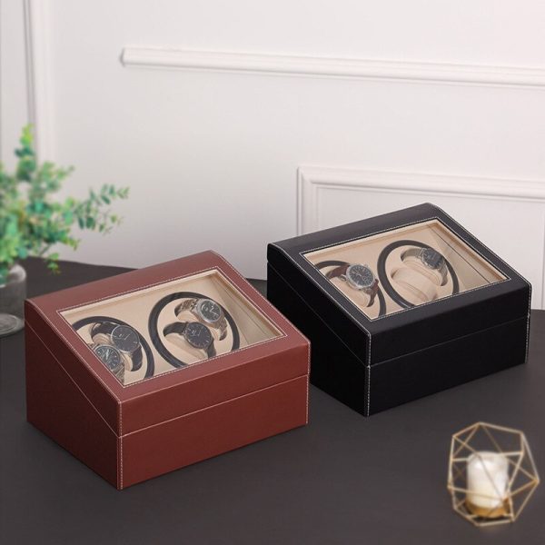 ⁦4 6 PU Automatic Watch Winder Storage Box Winder Motor Shake Jewelry Collection Holder Display Double Head Silent⁩ - الصورة ⁦4⁩
