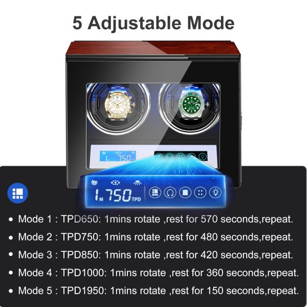⁦AAA Quality 5 Modes Rosewood Watch Winder with Quiet Japanese Mabuchi Motor 2 0 Storage Ultra-quiet Japanese motor with LED⁩ - الصورة ⁦5⁩