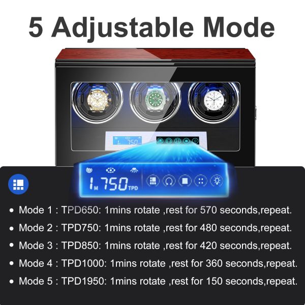 ⁦AAA Quality 5 Modes Rosewood Watch Winder with Quiet Japanese Mabuchi Motor 3 0 Storage Ultra-quiet Japanese motor with LED⁩ - الصورة ⁦4⁩