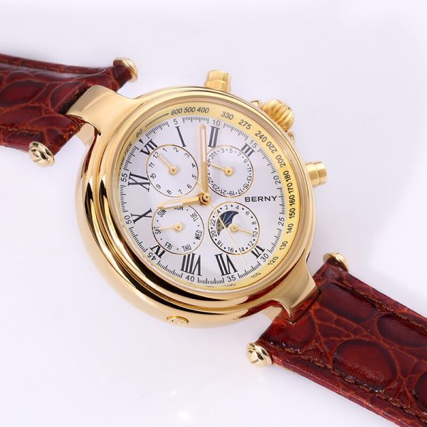 ⁦Automatic Watch Men Mechanical Wristwatch Luxury Stain Steel Case Leather Strap Waterproof Male Clock Fashion Relogio Masculino⁩ - الصورة ⁦4⁩