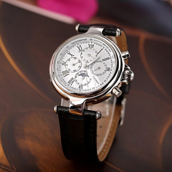 ⁦Automatic Watch Men Mechanical Wristwatch Luxury Stain Steel Case Leather Strap Waterproof Male Clock Fashion Relogio Masculino⁩ - الصورة ⁦5⁩