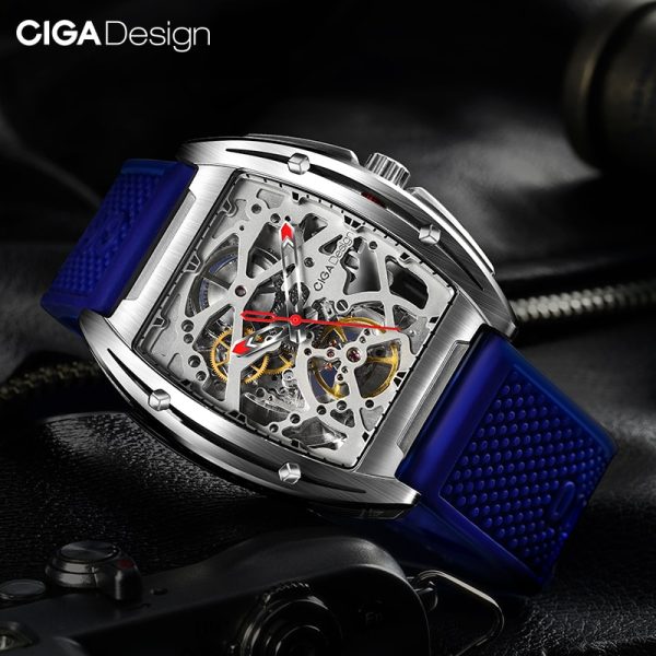 ⁦CIGA DESIGN Watch Automatic Mechanical Wristwatch Stainless Steel Case Sapphire Crystal Timepiece Skeleton Dial Silicone Strap⁩ - الصورة ⁦3⁩