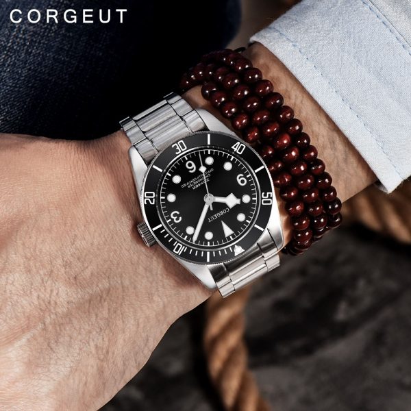 ⁦Corgeut Luxury Brand Mechanical Watch Schwarz Bay Men Automatic Military Sport Swim Clock Leather Mechanical Wrist Watches⁩ - الصورة ⁦4⁩