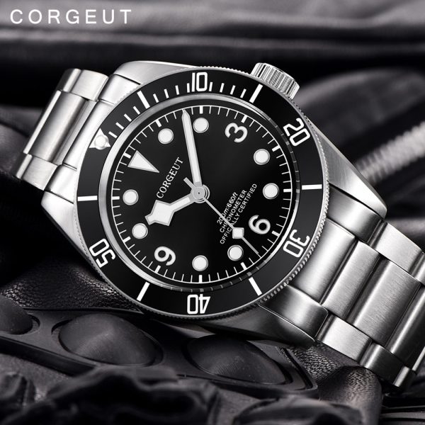 ⁦Corgeut Luxury Brand Mechanical Watch Schwarz Bay Men Automatic Military Sport Swim Clock Leather Mechanical Wrist Watches⁩ - الصورة ⁦5⁩