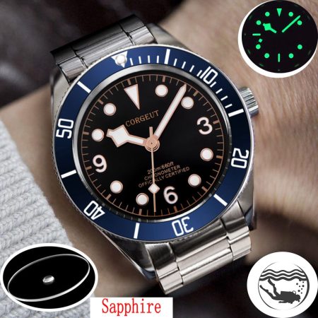 Corgeut Luxury Brand Mechanical Watch Schwarz Bay Men Automatic Military Sport Swim Clock Leather Mechanical Wrist Watches