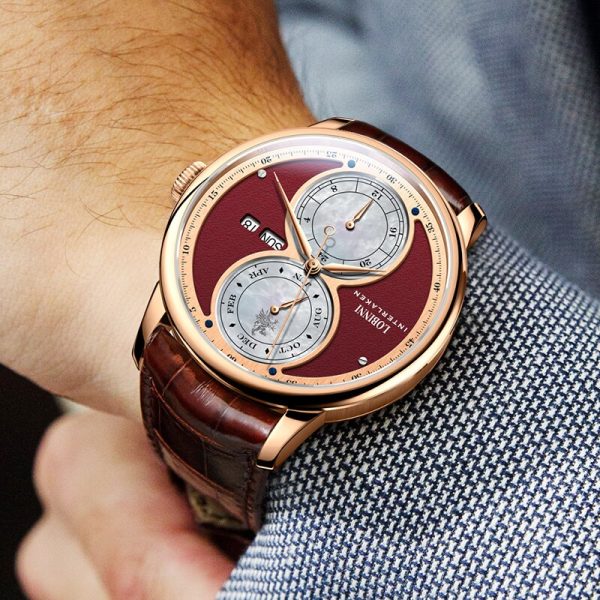 ⁦Lobinni Fashion Automatic Men Mechaincal Watch Luxury Week Male Wristwatch Date Mooth Waterproof Sapphire 24 Hours Leather Clock⁩ - الصورة ⁦6⁩