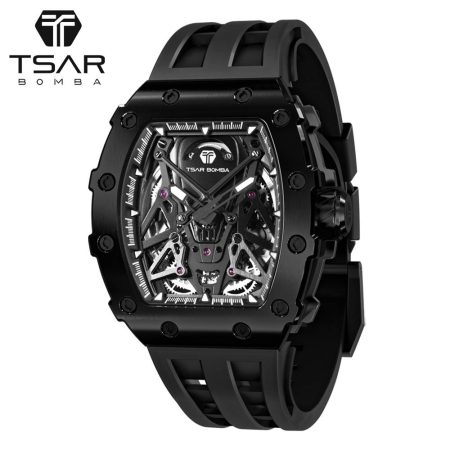 Mens Automatic Watch TSAR BOMBA Skeleton Tonneau Design Stainless Steel Mechanical 50M Waterproof Wristwatch Premium Male Gift