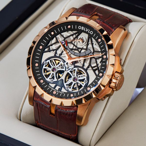 ⁦OBLVLO New Design Brand Luxury Transparent Hollow Skeleton Watches for Men Tourbillon Rose Gold Automatic Watches RM-E⁩ - الصورة ⁦2⁩