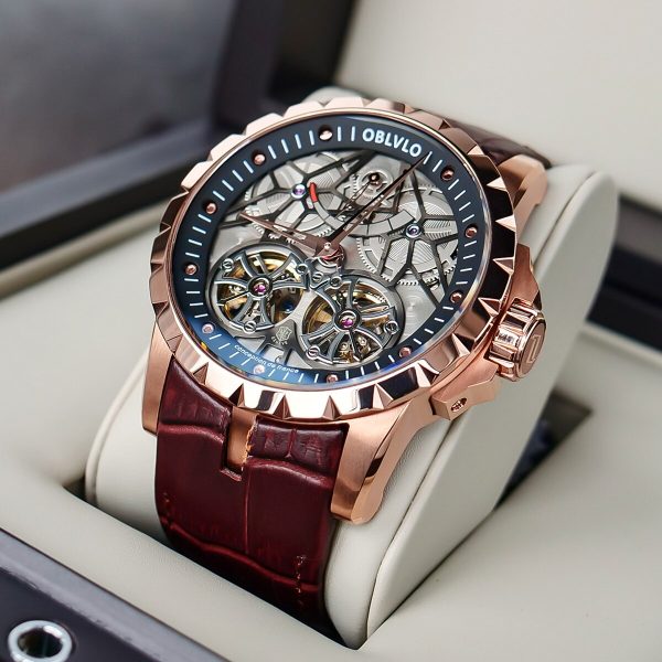 ⁦OBLVLO New Design Brand Luxury Transparent Hollow Skeleton Watches for Men Tourbillon Rose Gold Automatic Watches RM-E⁩ - الصورة ⁦3⁩
