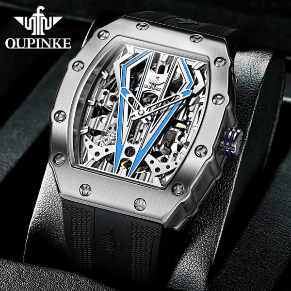 ⁦OUPINKE Mens Watches Luxury Brand Automatic Mechanical Wristwatch Fashion Skeleton Silicone Strap Sports Waterproof Watch Men⁩ - الصورة ⁦2⁩