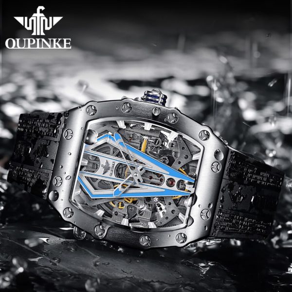 ⁦OUPINKE Mens Watches Luxury Brand Automatic Mechanical Wristwatch Fashion Skeleton Silicone Strap Sports Waterproof Watch Men⁩ - الصورة ⁦3⁩
