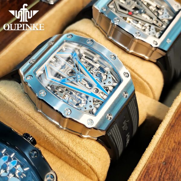 ⁦OUPINKE Mens Watches Luxury Brand Automatic Mechanical Wristwatch Fashion Skeleton Silicone Strap Sports Waterproof Watch Men⁩ - الصورة ⁦4⁩