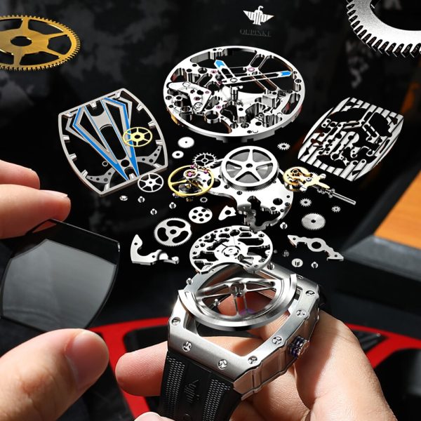 ⁦OUPINKE Mens Watches Luxury Brand Automatic Mechanical Wristwatch Fashion Skeleton Silicone Strap Sports Waterproof Watch Men⁩ - الصورة ⁦5⁩