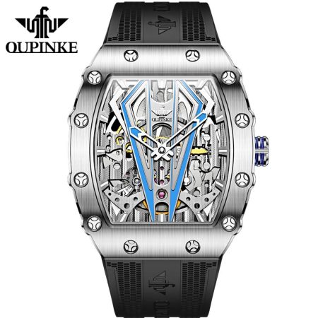 OUPINKE Mens Watches Luxury Brand Automatic Mechanical Wristwatch Fashion Skeleton Silicone Strap Sports Waterproof Watch Men