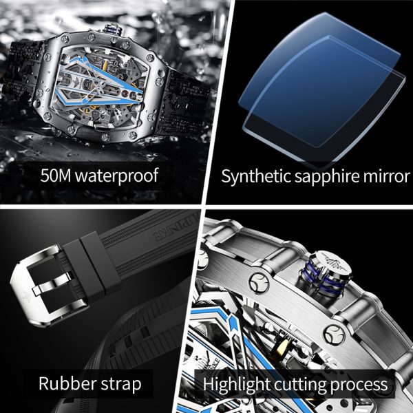 ⁦OUPINKE Mens Watches Luxury Brand Automatic Mechanical Wristwatch Fashion Skeleton Silicone Strap Sports Waterproof Watch Men⁩ - الصورة ⁦6⁩