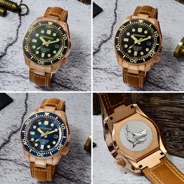 ⁦San Martin Diver Watch CuSn8 Bronze MM300 PT5000 Automatic Men Mechanical Watches Leather 300m Water Resistant Luminous Relojes⁩ - الصورة ⁦2⁩