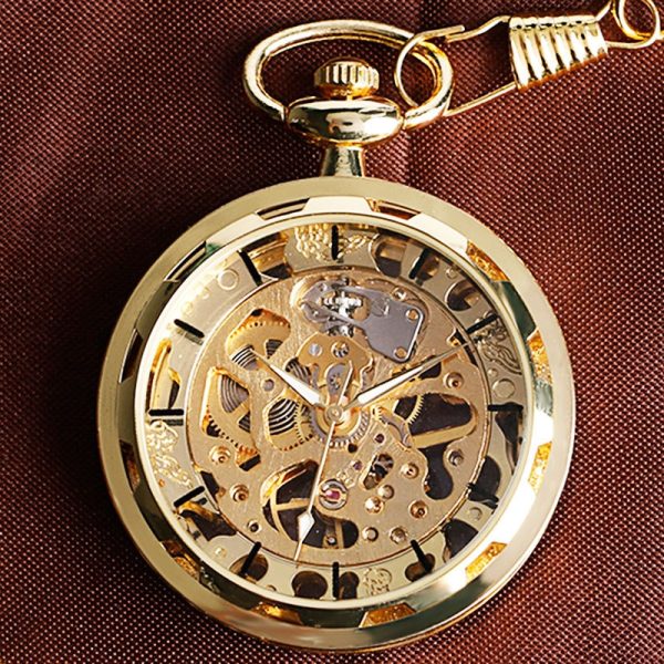 ⁦Vintage Gold Transparent Skeleton Pocket Watches Steampunk Hand Winding Mechanical Pocket Watch Fob Clock Men Gift DAD Jewelry⁩ - الصورة ⁦2⁩