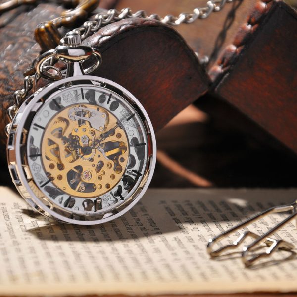 ⁦Vintage Gold Transparent Skeleton Pocket Watches Steampunk Hand Winding Mechanical Pocket Watch Fob Clock Men Gift DAD Jewelry⁩ - الصورة ⁦3⁩