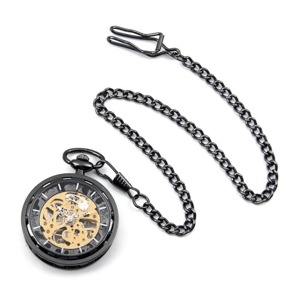 ⁦Vintage Gold Transparent Skeleton Pocket Watches Steampunk Hand Winding Mechanical Pocket Watch Fob Clock Men Gift DAD Jewelry⁩ - الصورة ⁦4⁩