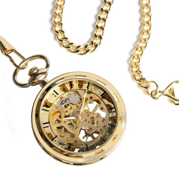 ⁦Vintage Gold Transparent Skeleton Pocket Watches Steampunk Hand Winding Mechanical Pocket Watch Fob Clock Men Gift DAD Jewelry⁩ - الصورة ⁦5⁩