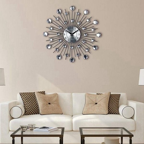 ⁦Vintage Metal Art Crystal Sunburst Wall Clock Luxury Diamond Large Morden Wall Clock Clock Design Home Decor⁩ - الصورة ⁦4⁩