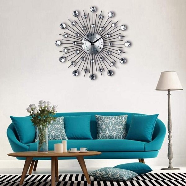 ⁦Vintage Metal Art Crystal Sunburst Wall Clock Luxury Diamond Large Morden Wall Clock Clock Design Home Decor⁩ - الصورة ⁦5⁩
