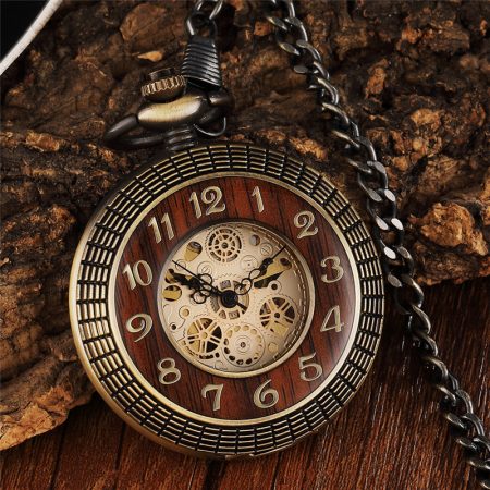 10 قطعة/الوحدة البرونزية الخشب Steampunk ساعة الجيب الميكانيكية اليد الرياح الهيكل العظمي الرومانية الطلب الرجال النساء هدية