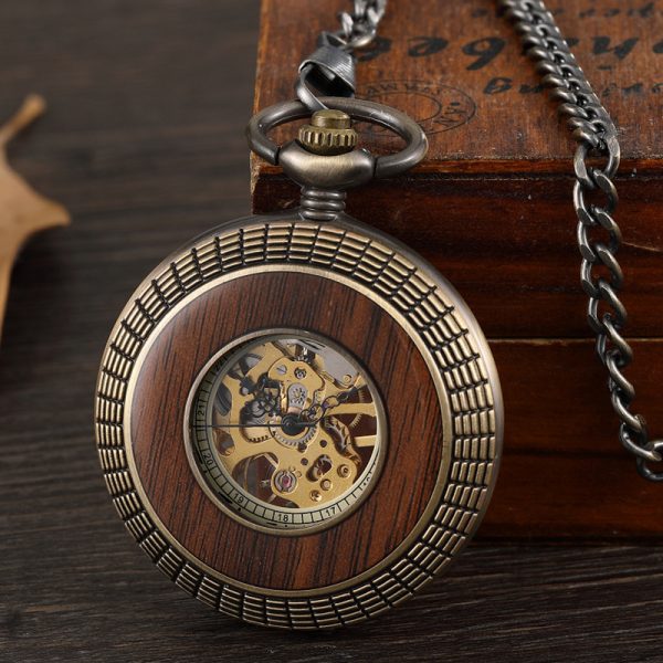 ⁦10 قطعة/الوحدة البرونزية الخشب Steampunk ساعة الجيب الميكانيكية اليد الرياح الهيكل العظمي الرومانية الطلب الرجال النساء هدية⁩ - الصورة ⁦2⁩