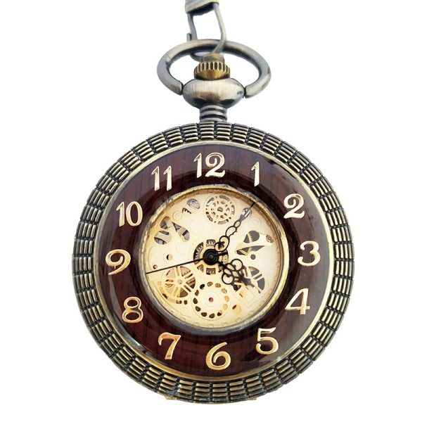 ⁦10 قطعة/الوحدة البرونزية الخشب Steampunk ساعة الجيب الميكانيكية اليد الرياح الهيكل العظمي الرومانية الطلب الرجال النساء هدية⁩ - الصورة ⁦3⁩
