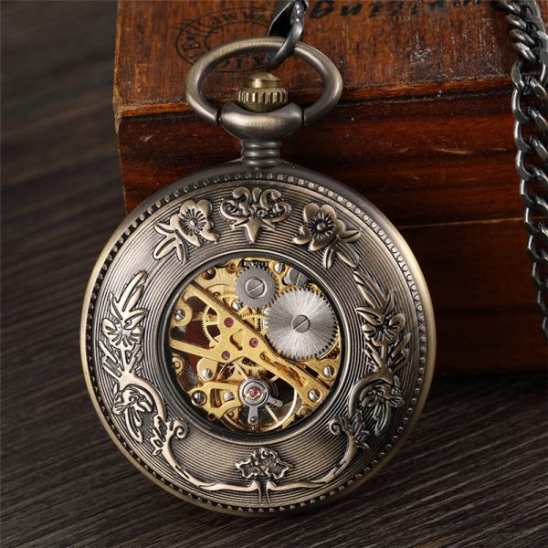 ⁦10 قطعة/الوحدة البرونزية الخشب Steampunk ساعة الجيب الميكانيكية اليد الرياح الهيكل العظمي الرومانية الطلب الرجال النساء هدية⁩ - الصورة ⁦4⁩