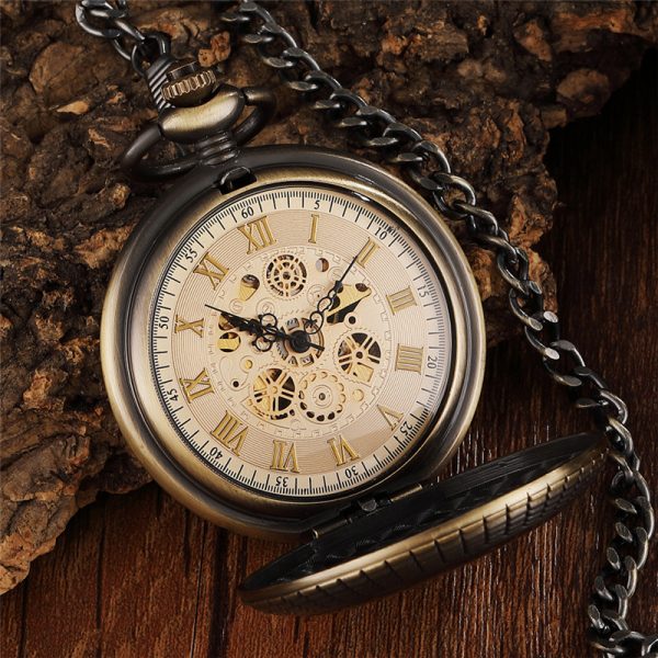 ⁦10 قطعة/الوحدة البرونزية الخشب Steampunk ساعة الجيب الميكانيكية اليد الرياح الهيكل العظمي الرومانية الطلب الرجال النساء هدية⁩ - الصورة ⁦5⁩
