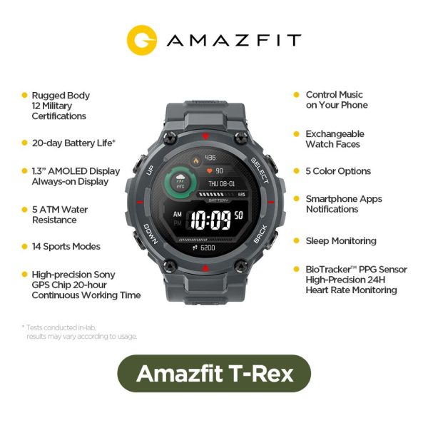 ⁦In stock 2020 CES Amazfit T-rex T rex Smartwatch 5ATM waterproof Smart Watch GPS/GLONASS AMOLED Screen for iOS Android⁩ - الصورة ⁦2⁩