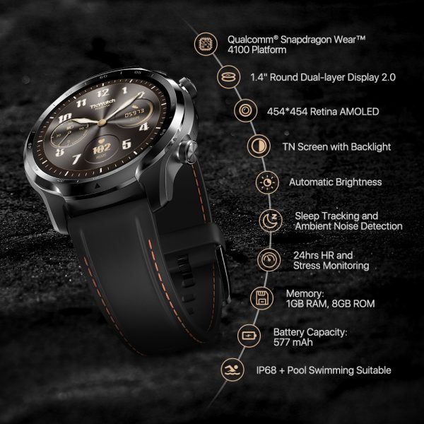 ⁦TicWatch Pro 3 GPS Wear OS Smartwatch Men's Sports/Smart Watch Dual-layer Display Snapdragon Wear 4100 8GB 3 to 45 Days Battery⁩ - الصورة ⁦4⁩