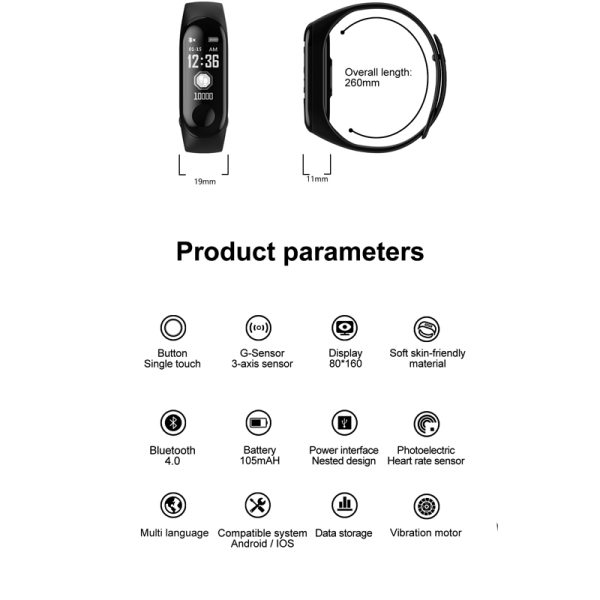 ⁦Wristwatch Fitness M3 Color Screen Smart Sport Bracelet Activity Running Tracker Heart Rate For Children Men Women Watch Hours⁩ - الصورة ⁦6⁩